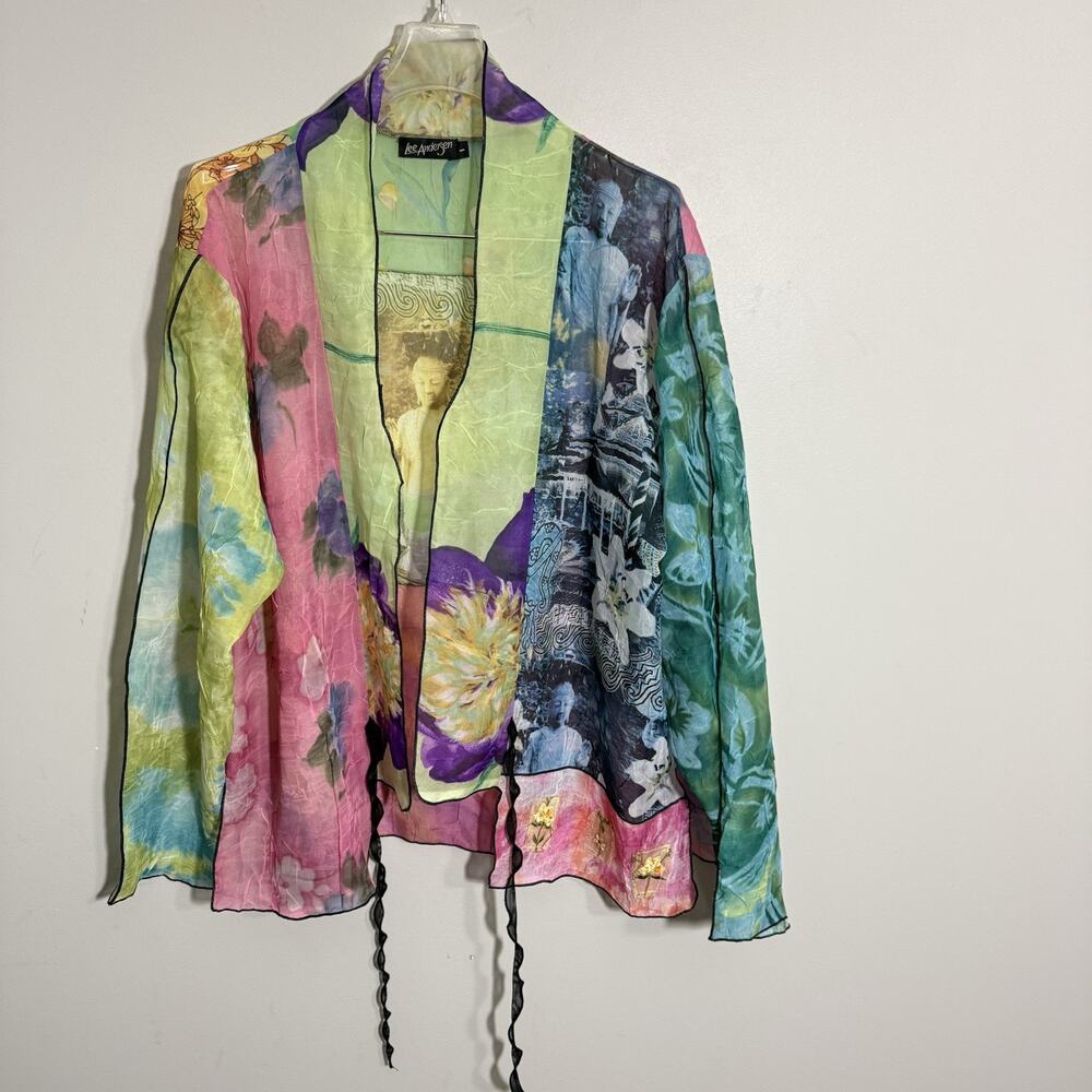 LEE ANDERSEN Tie Front Jacket Topper Cardigan Embroidered Art Kimono Semi Sheer